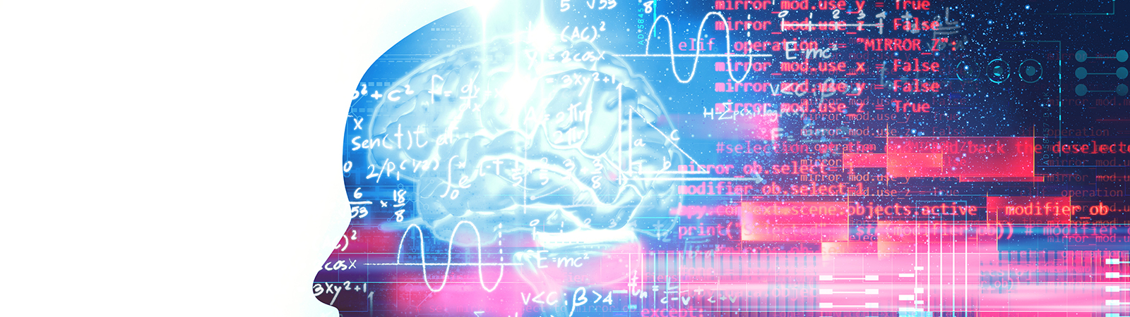 Profilo umano con cervello e formule varie