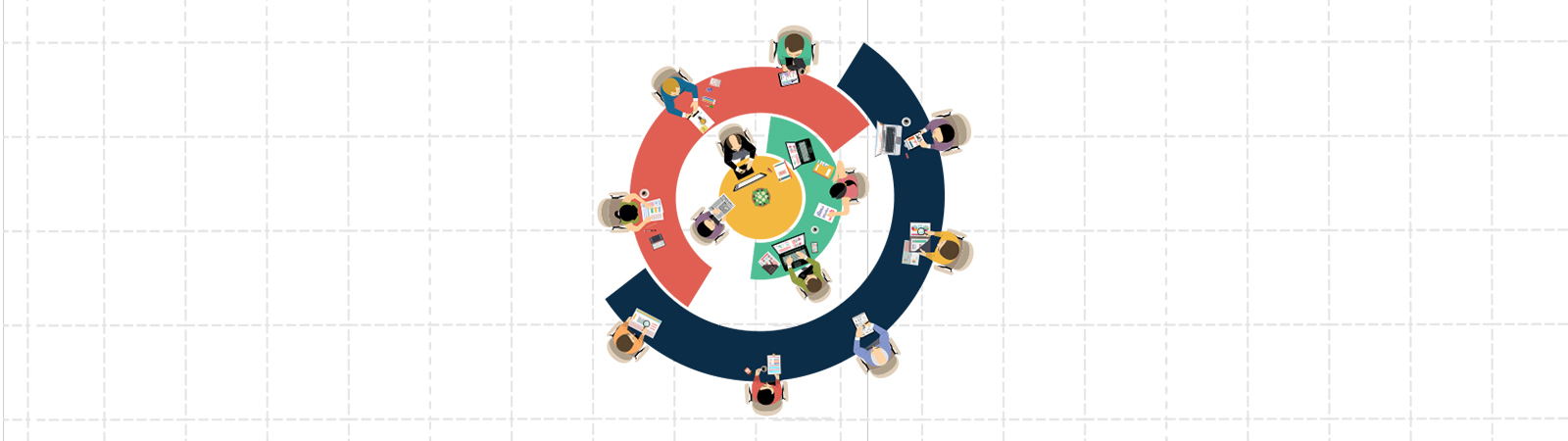 Tavolo circolare con professionisti al lavoro