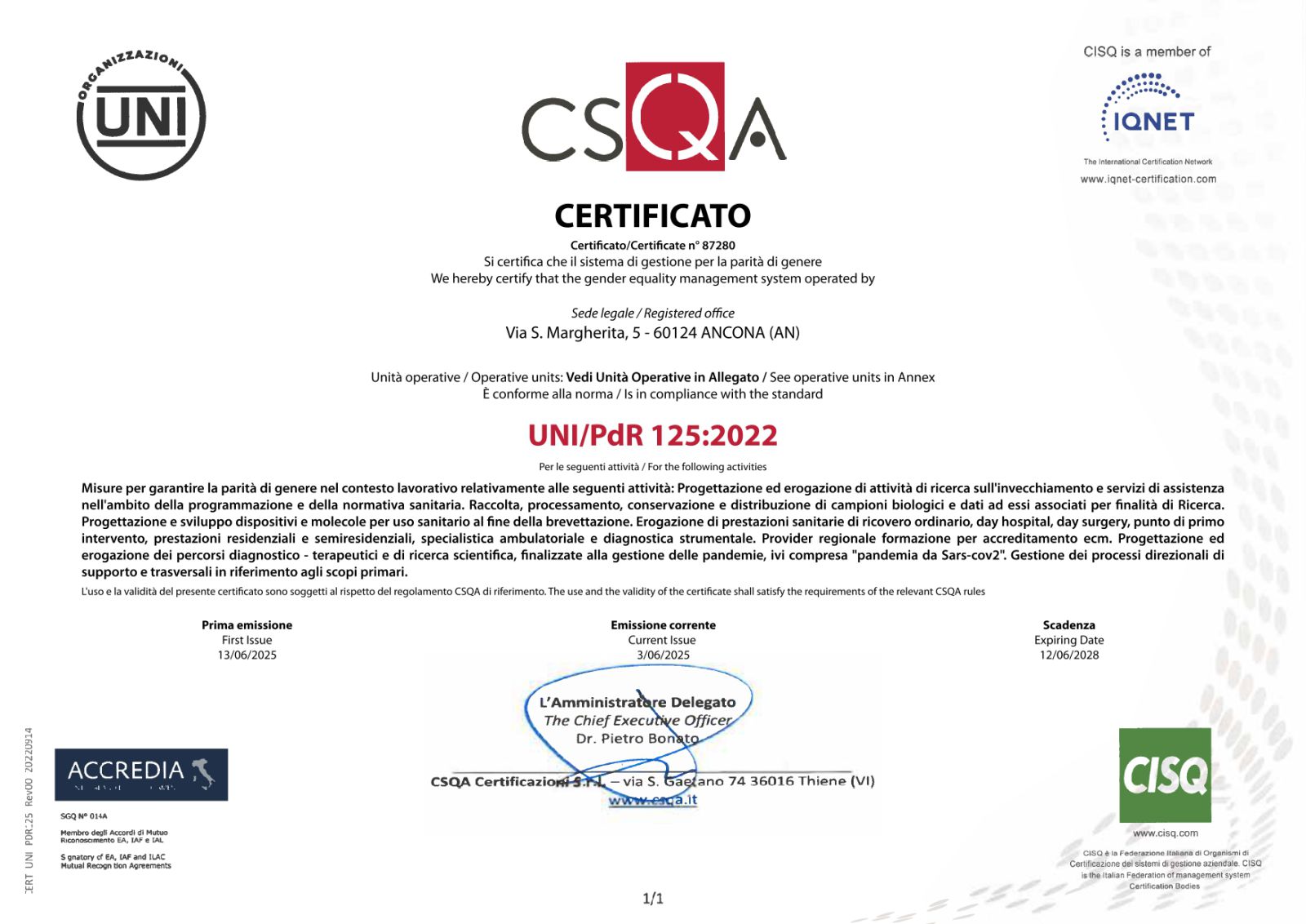 IRCCS INRCA - Certificazione UNI PdR 125 per la Parita' di Genere