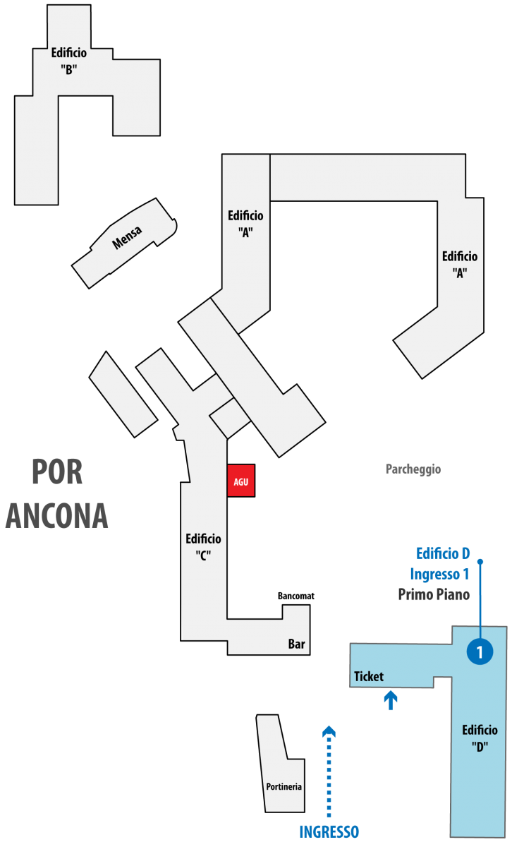 piantina di dove si trova la direzione medica - edificio D, ingresso 1, primo piano