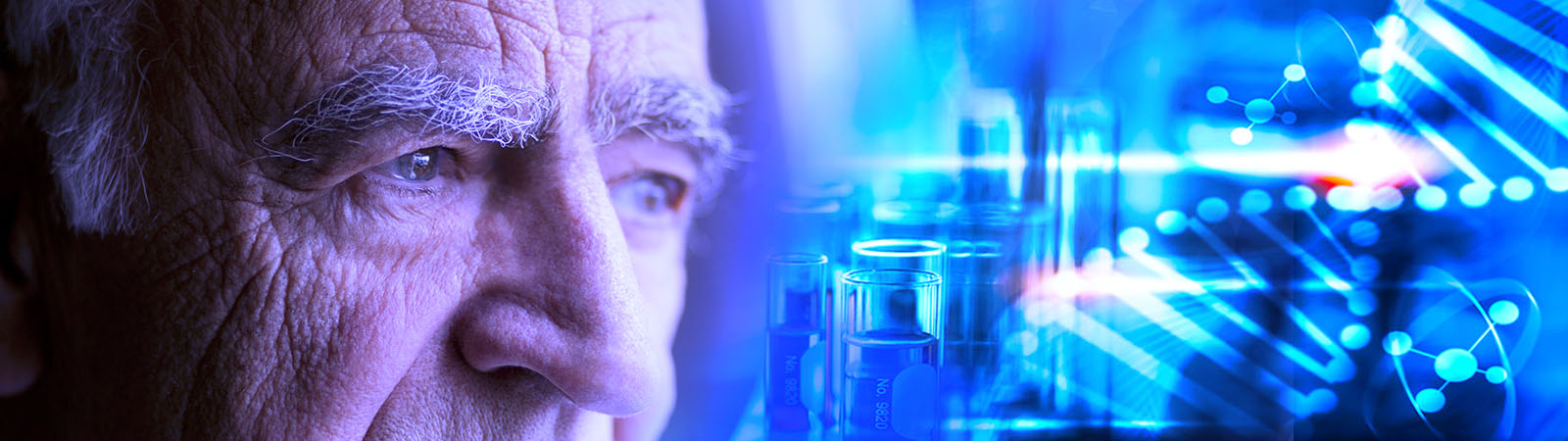 Uomo anziano, DNA, Provette da laboratorio, Molecole