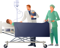 paziente a letto visitato dal medico e assistente